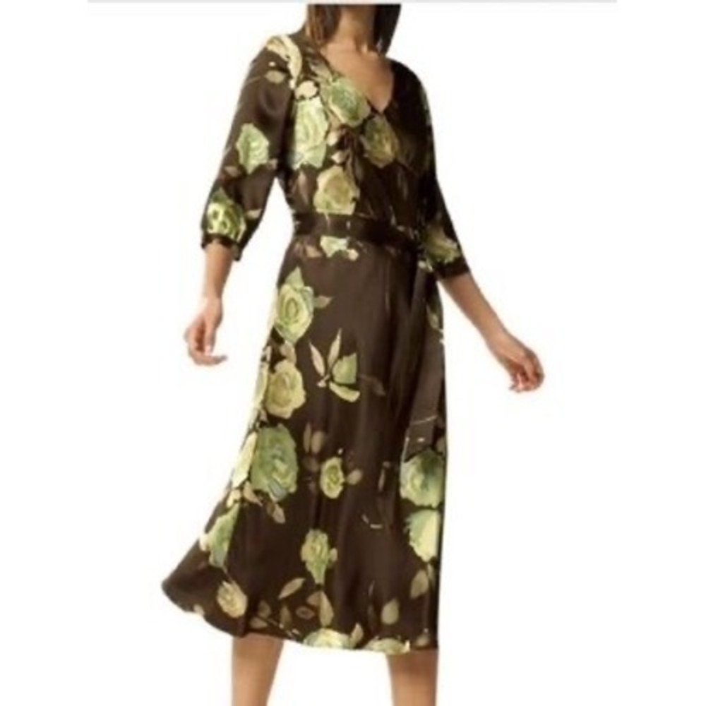 Banana Republic Brown Floral Midi Dress with Green Roses